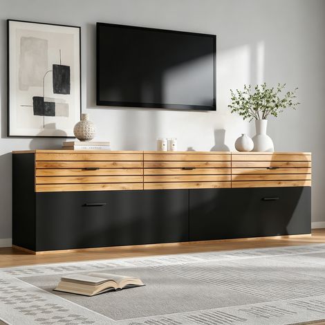 Meuble TV 168x38x59 cm, Pour TV jusqu’à 65 pouces, 3 tiroirs, 2 portes abattantes, 3 compartiments, MDF et aggloméré, Bois et Noir (1/5)