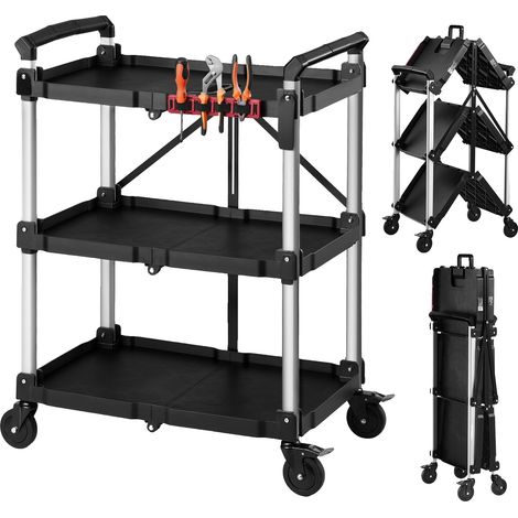 Carro utilitario Vevor, capacidad de 136 kg, carro de servicio plegable de 3 niveles con ruedas giratorias de 360° (2 con freno), rodillo de alta resistencia (1/2)