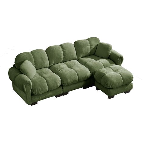 Canapé d'angle 3 places vert en tissu chenille avec ottomane mobile et coussins décoratifs (1/5)