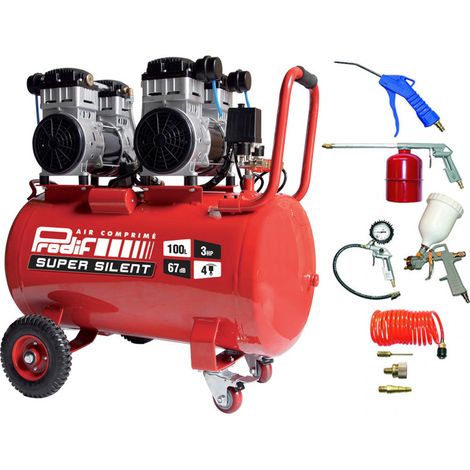Prodif – Compresseur silencieux 100L 3CV – Débit 370L/min – Pression max 8 bar – Moteur à vitesse lente – Kit 8 accessoires raccord rapide (1/3)
