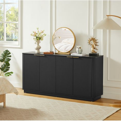 Buffet 160x40x80 cm noir en MDF avec 4 portes, façade rainurée et rangements (1/5)
