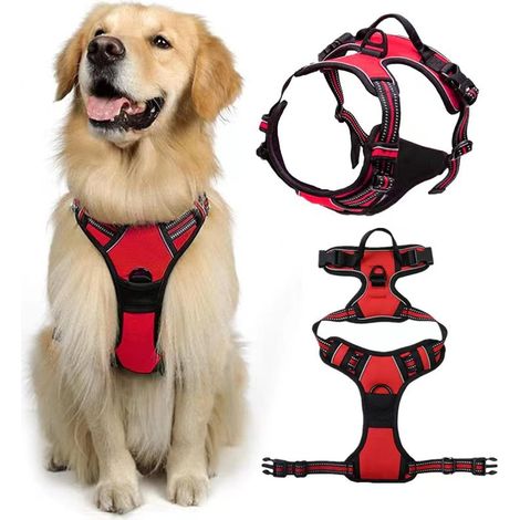 Harnais Chien Anti Traction, Harnais pour Chiens pour Chien Moyen et Grand, Réfléchissant Réglable et Respirant, avec Poignée Contrôlable, Rouge, XL (1/5)