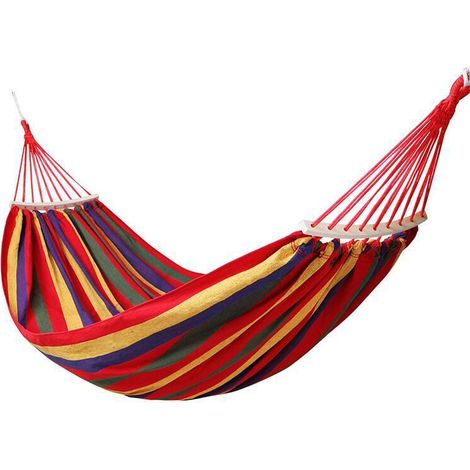 hamac en toile exterieur pour une ou deux personnes rayures multicolores batten courbe en polyester et coton anti basculement avec sac de rangement et deux cordes epaisses (1/2)