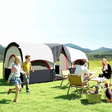 Tente familiale 435x251x195 cm gris blanc pour 4 à 6 personnes étanche avec chambres indépendantes et