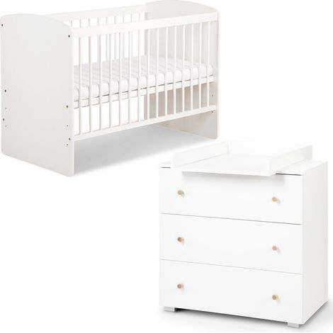 Monmobilierdesign – Ensemble lit bébé 120x60 avec commode à langer 3 tiroirs – Fabriqué en pin et bois aggloméré – Peinture à l'eau sans solvant – Conforme normes sécurité