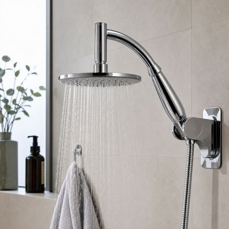 Pommeau de douche rond 6 pouces en acier inoxydable 304, kit complet avec flexible anti-explosion 1,5m et support mural sans perçage (1/5)