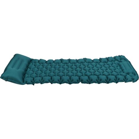 Matelas gonflable de camping avec repose-pieds, conception portable, oreiller ergonomique incurvé, matelas de couchage bleu paon.
