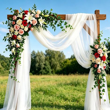 Tenture Mariage Voilage Blanc Arche Tenture avec des Rubans Rideau en Tulle Tissu D'organza pour Drapé Blanc Arche pour Décoration de Cérémonie Fête Toile de Fond (1.6x8m) (1/5)