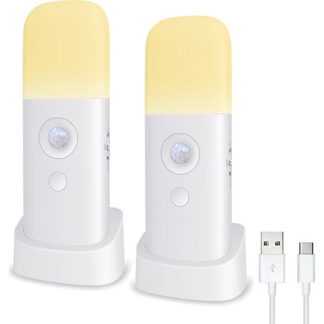 Lot de 2 Veilleuse avec détecteur de mouvement , rechargeable, portable, avec câble USB, applique murale sans fil avec allumage et arrêt automatique pour armoire, cuisine, escalier, chambre à coucher