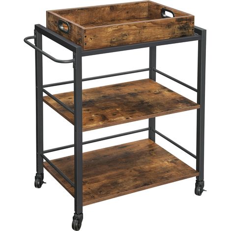 Desserte de Style Industriel, Chariot de Cuisine, avec Plateau Amovible, avec Pieds Réglables et roulettes, Étagère, Cadre en Acier, 40 x 72 x 86 cm, Marron Rustique et Noir LRC72X (1/5)