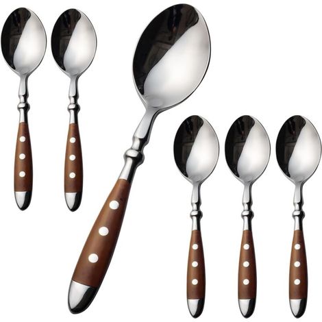 Set of 6 stainless steel soup spoons - Brown handles - Mirror polished - Cutlery for home, restaurant, everyday use (1/5)