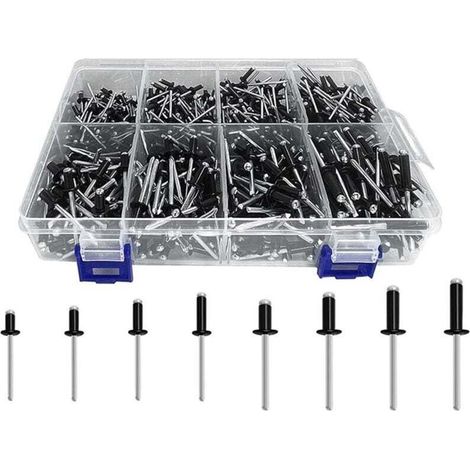 Assortiment de 600 rivets aveugles de 8 tailles (1/8 po x 1/4 po, 5/16 po, 3/8 po, 1/2 po, 3/16 po x 5/16 po, 3/8 po, 1/2 po, 5/8 po) (1/4)