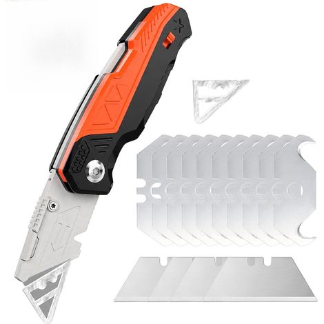 Cutter Professionnel Pliable avec 14 Lames de Rechange, Changement Rapide de Lame, Manche en Aluum, Couteau Utilitaire pour Moquette, Carton et Matériaux Fins (1/5)