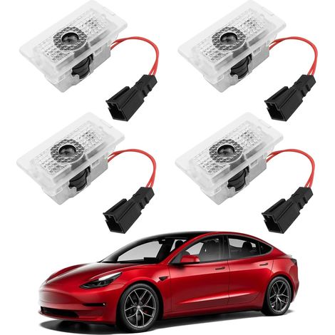 Juego de 4 proyectores LED con logotipo para puertas Tesla, compatibles con los modelos Y/3/S/X. Proyección HD del logotipo de bienvenida. Materiales: aluminio y policarbonato. Accesorios Tesla. (1/4)