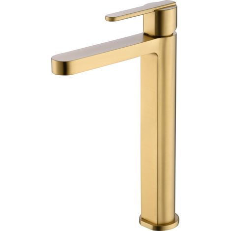 IMEX Miscelatore lavabo alto en latón color oro con cartucho cerámico Ø28 mm y set de 2 flexibles 3-8 para instalación segura Modelo BDR001-3