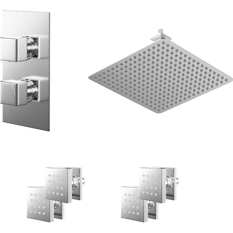 Cubix Polished Chrome Concealed Twin Thermostatic Shower Valve with Diverter and 400mm Square Head with 150mm Ceiling Arm and 4 Body Jets - 2 Outlet (1/5)
