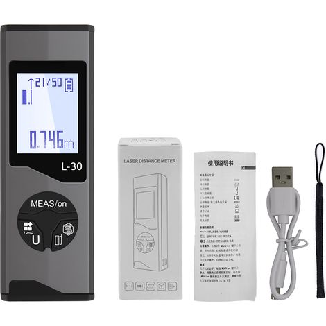 Mini télémètre laser numérique, portée de 30 m (98,43 pi), chargement USB-C, précision de 1 mm, mémoire de 50 groupes, mesure de surface et de volume, écran LCD rétroéclairé, utilisation intérieure et (1/5)