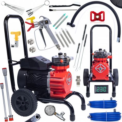 Rosfix Set Red Strong Storm 1100 RSS05 – Airless Farbspritzgerät 3500 W, 22 MPa, 18 l/min  LCD-Anzeige, Edelstahlpumpe  Für Wände, Holz, Stahl  Lackierzubehör