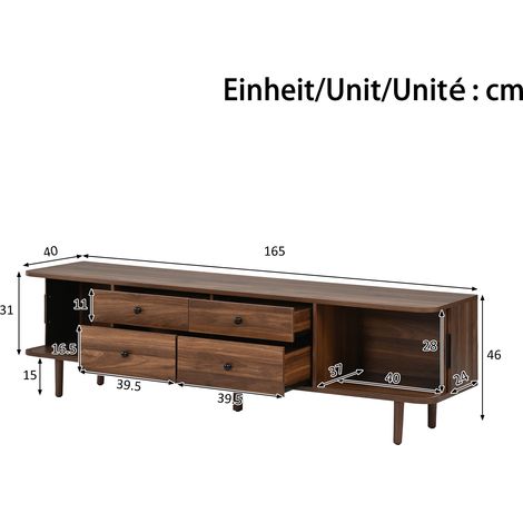 Mueble bajo para TV de 165 cm, mueble para TV de MDF con 4 cajones y 2 puertas correderas, amplio espacio de almacenamiento, esquinas redondeadas. (1/5)