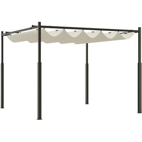 Gazebo Pergola 3x3 m con Tettuccio Retrattile, 8 Viti e 8 Picchetti, in Poliestere 180g e Metallo, Bianco Crema