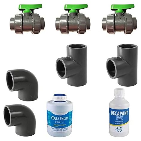 Kit Bypass 50mm 3 X Vannes 50mm / 2 X Té 50mm / 2X Coudes 50MM / 1 X Colle PVC / 1 X Décapant PVC