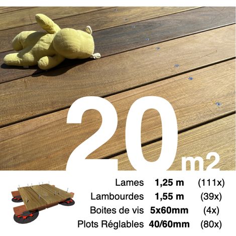 Kit complet terrasse bois exotique IPE pour 20 m² • Lames 1,25 m, lambourdes 1,55 m, plots réglables et visserie Inox • Livraison gratuite (1/4)