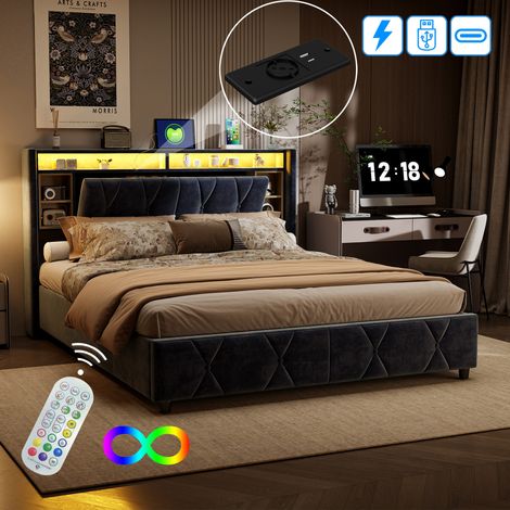 Lit coffre double adulte 140x200 cm avec rangement hydraulique, éclairage LED, ports USB et Type-C, velours capitonné (1/4)