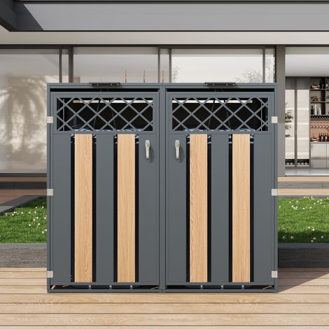 Armoire à Poubelle Double avec Couvercles Hydrauliques - Portes à Perforations Diamant et Bois - Structure Acier Galvanisé - 2 Compartiments Verrouillables - Gris (1/5)