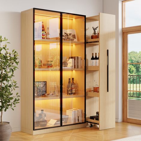 Vitrine haute multifonction 110,5 x 35 x 160 cm en MDF chêne avec porte vitrée LED (1/5)