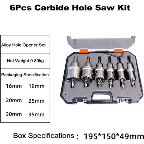 Kit de 6 scies cloches carbure, mèches trépan pour métal, acier inoxydable, fer et cuivre, forets 16-35 mm, ensemble de découpe (1/5)
