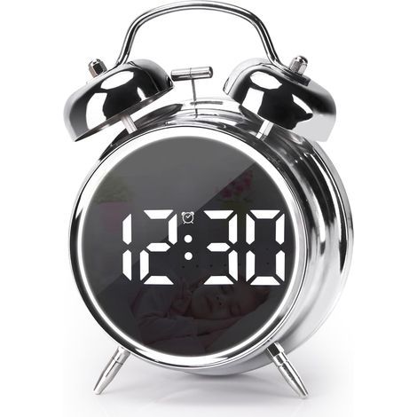 Petit réveil numérique de 11,4 cm à double cloche intelligent à LED, réveil en métal silencieux avec veilleuse, réveil de chevet pour les dormeurs lourds, adultes, enfants, adolescents (argenté) (1/4)