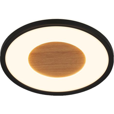 Plafonnier LED décor bois, lumière indirecte, blanc chaud 3.000K, lampe LED, plafonnier LED, lampe de salon, panneau LED, lampe de cuisine, éclairage plafonnier, 29x3 cm, noir (1/4)