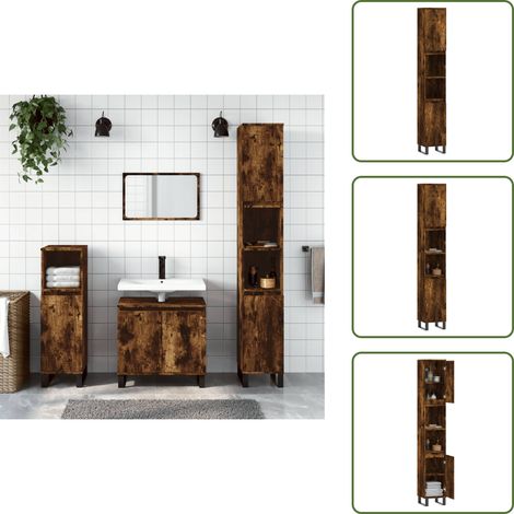 Armoire de bain chêne fumé 30x30x190 cm bois d'ingénierie - Meuble De Salle De Bain - Armoire De Salle De Bain - Rangement Salle De Bain - Commode Salle De Bain - Design Industriel