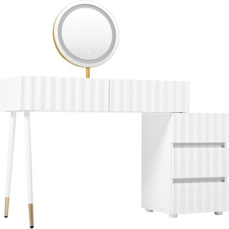 Tocador blanco con espejo LED redondo y 5 cajones, 100 x 40 x 127 cm, MODENUIT (1/5)