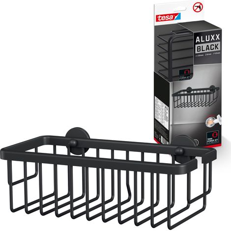 tesa® ALUXX BLACK Duschablage zur Wandmontage ohne Bohren, schwarz matt - einstöckig und extra tief - für Bäder im Industrial Style und moderne Badezimmer - mit Klebelösung - 92 mm x 250 mm x 125 mm (1/5)