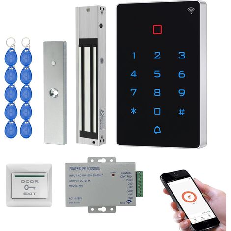 Kit contrôle d’accès WiFi RFID – Clavier à Code Tactile rétroéclairé IP68, Ventouse électromagnétique 280KG (600LBS) NC Fail Safe, Alimentation DC12V, Bouton de Sortie + 10 Badges RFID 125kHz(9) (1/5)