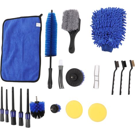 Kit de nettoyage automobile 18 pièces : brosses, perceuses, gants de lavage, chiffons, tampons de cire, outils de nettoyage pour jantes et tuyaux d'échappement (couleur B). (1/5)