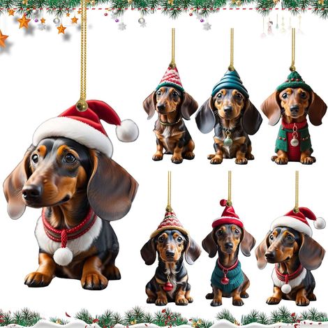 Pendentif Teckel De Noël, Teckel Décoration Sapin de Noël, Pendentif Arbre de Noël Teckel, 2D Ornements de Noël en Acrylique pour Chien, Pendentifs de Décoration d'arbre de Noël pour Maison et Fêtes (1/5)