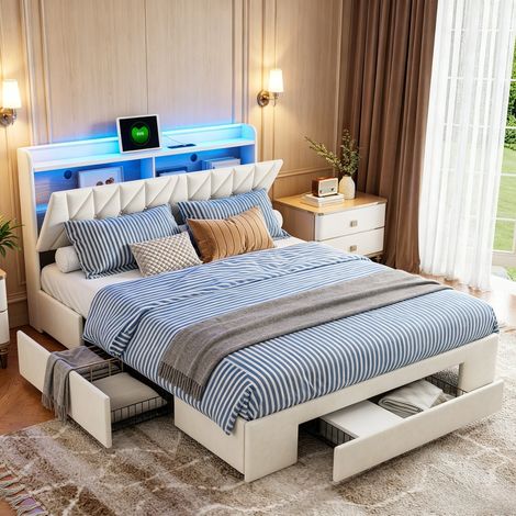 JOOKGBD–Lit double 140x190 cm avec sommier LED,USB,Type-C,3 tiroirs de rangement,tête de lit rembourrée,coffre intégré,pour adultes et adolescents,velours,beige