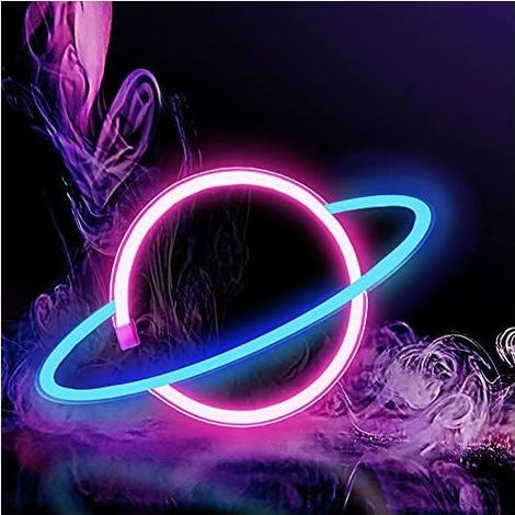 Ecleanfy - Enseigne lumineuse Planète, veilleuse à piles, applique murale USB Planète, décoration artistique (bleu-rose) (1/5)