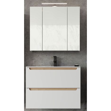 Waschtisch & LED-Spiegelschrank Set Hochglanz weiß mit Trüffel-Buche SOFIA-107 Keramik-Waschbecken, B/H/T ca. 85/200/46 cm (1/5)