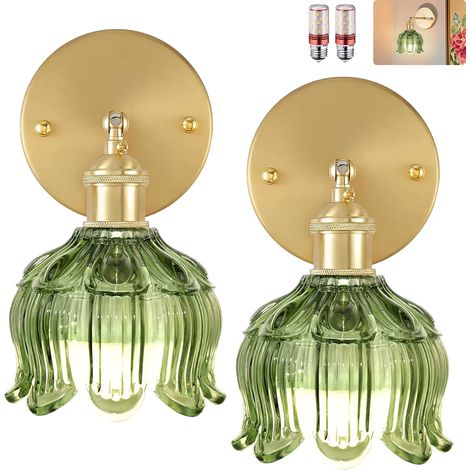 Lot de 2 appliques murales avec ampoule, lampes de chevet vintage, appliques murales pour miroir de salle de bain, applique murale fleur en verre (1/5)