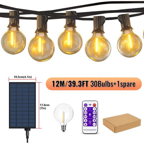 Guirlande lumineuse solaire extérieure (12 m, 30 ampoules) G40, rechargeable par USB, 8 modes d'éclairage, ampoules incassables, résistante aux intempéries. (1/5)