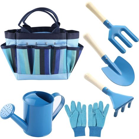 Ensemble de jardinage pour enfants 7 pièces comprenant un arrosoir, des gants de jardinage, un râteau, une truelle, une fourche et un sac de rangement - Cadeau de jardinage (Bleu) (1/5)
