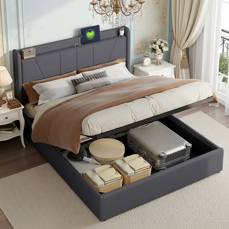 Lit coffre 140x200 cm, sommier à lattes en bois, 2 ports USB+1 port USB-C, revêtement en lin, tête de lit avec rangement, lit adulte - gris (1/5)