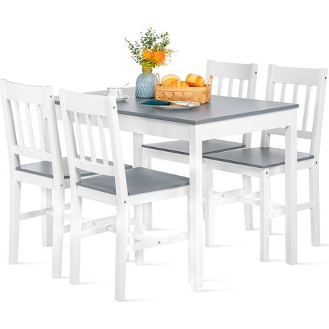 Eggree – Ensemble table et chaises en pin massif – 1 table 108x65x73 cm et 4 chaises 41,5x45,5x86 cm – Couleur gris et blanc