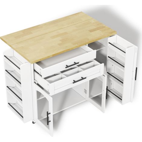 Küchenwagen mit 2 Glastüren, 2 Schubladen, klappbarer Arbeitsplatte und 5 Rollen, aus MDF, 120 x 45(70) x 90 cm (1/5)