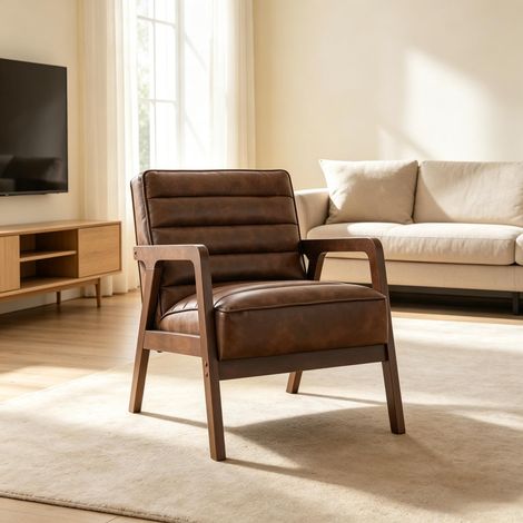 Fauteuil de salon rembourré en bois massif, chaise d'appoint en PU avec large assise et coussin d'assise épais pour le salon (1/5)