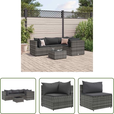 vidaXL Rattanmöbel - 5-tlg. Garten-Lounge-Set mit Kissen Grau Poly Rattan (1/5)