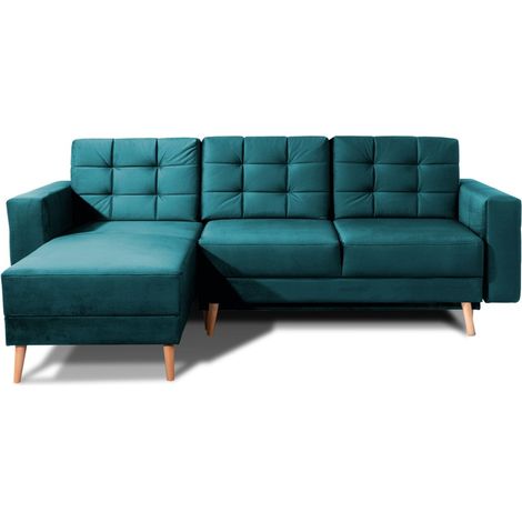 Divano angolare trasformabile HASGARD 3 posti verde scuro 248x162 cm – con baule e piedi in legno